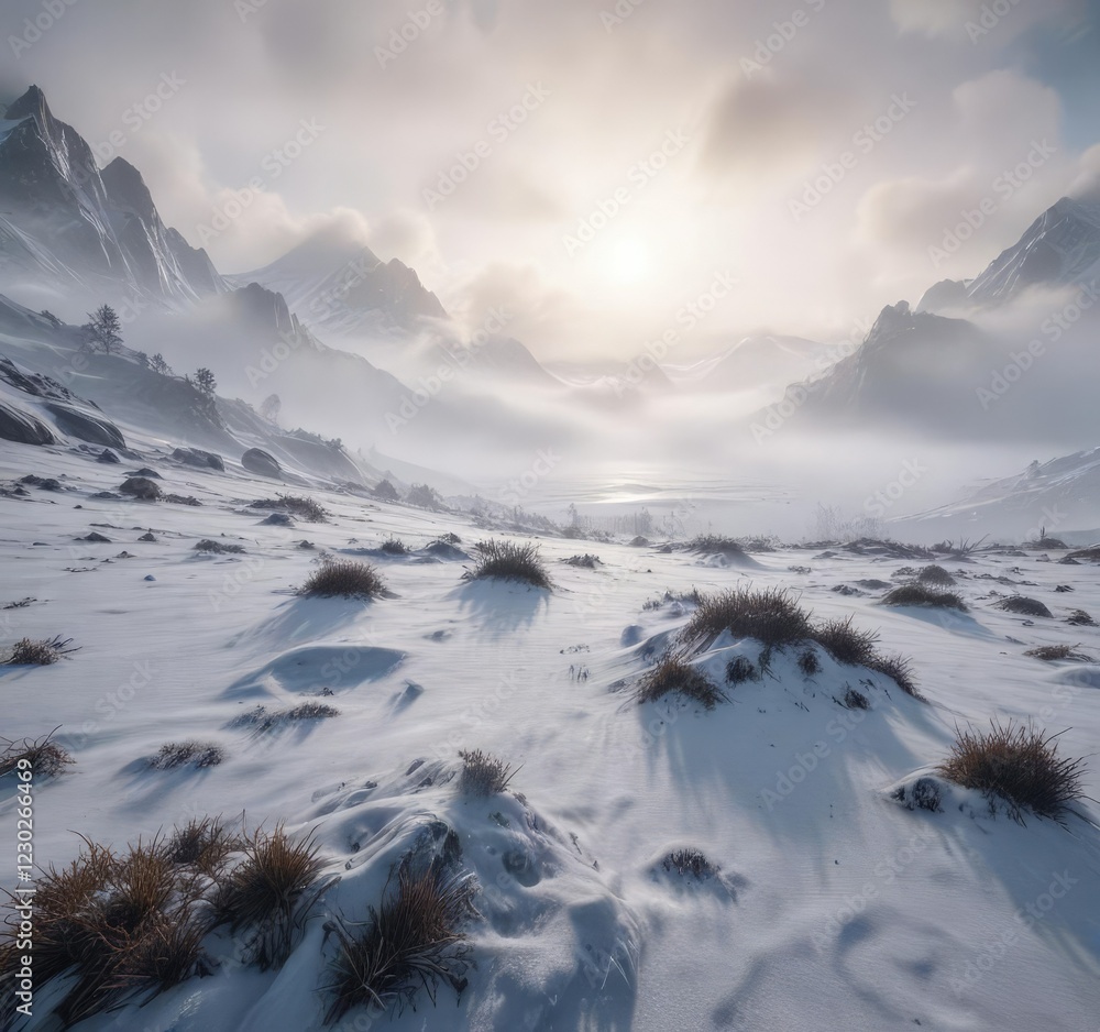 Fototapeta premium Silky strands of fog and mist waft through an empty snowy landscape, creating an otherworldly ambiance, quiet contemplation, dreamy scenes, peaceful ambiance