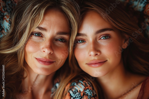 Happy elderly woman hugging her adult daughter on Mother's Day. Concept of relationship between daughter and mother. Copy space.