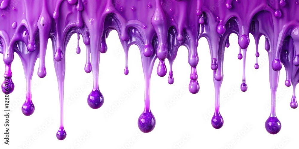 Naklejka premium Slime drips slowly from a white background, creating a mesmerizing pattern of violet hues and translucent droplets, dripping liquid, eerie atmosphere