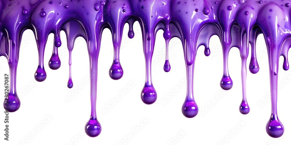 Naklejka premium Slime drips slowly from a white background, creating a mesmerizing pattern of violet hues and translucent droplets, isolated scene, organic shape, slimy substance