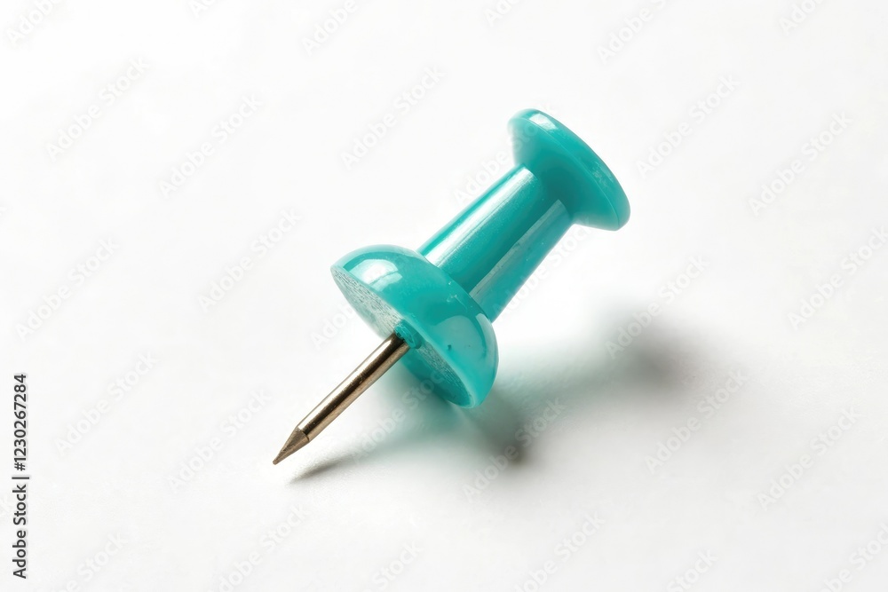 Small cyan colored sewing push pin with a subtle shadow effect isolated on white background, sewing accessory, thread tool Small cyan colored sewing push pin with a subtle shadow effect isolated on white background, sewing accessory, thread tool