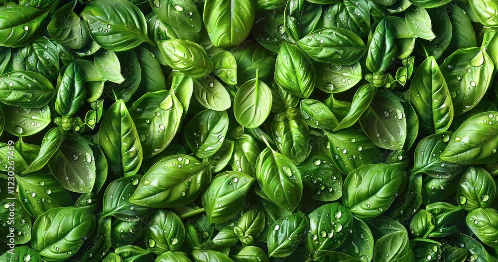 fresh basil leaves top view water droplets green texture nature wallpaper healthy food