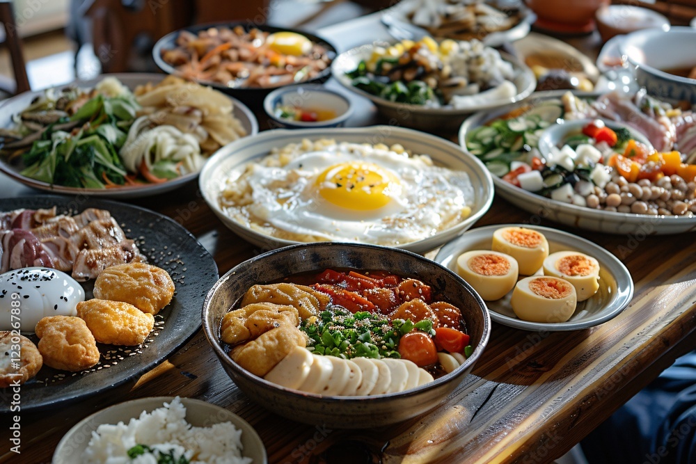 A variety of colorful dishes fills a large wooden table in a cozy dining setting. Plates showcase diverse ingredients, featuring vegetables, proteins, and grains, enticing diners A variety of colorful dishes fills a large wooden table in a cozy dining setting. Plates showcase diverse ingredients, featuring vegetables, proteins, and grains, enticing diners