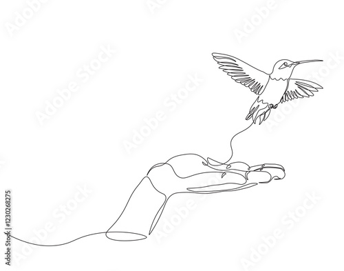 Continuous one line drawing of hummingbirds perch on palm. One line drawing illustration of hummingbird fly in palm. Beautiful, bonding concept single line. Editable outline