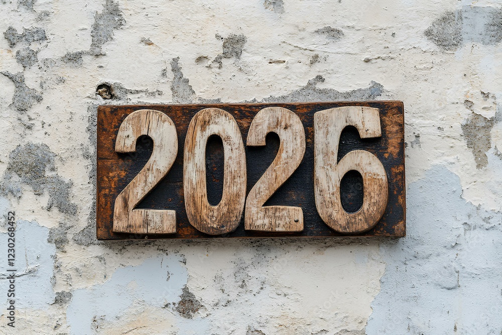 Wooden Number 2026 On A Textured White Background, Representing The New Year Or A Specific Date Wooden Number 2026 On A Textured White Background, Representing The New Year Or A Specific Date