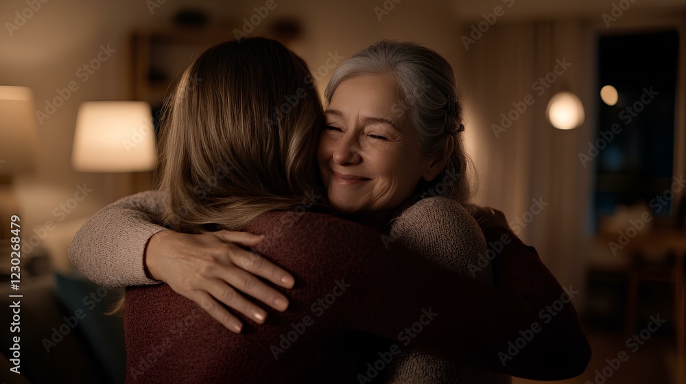 woman with light brown hair, hugging her mother with grey hair, in their living room woman with light brown hair, hugging her mother with grey hair, in their living room