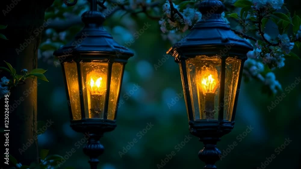 Two illuminated antique lanterns hang from a tree branch at dusk, warm light contrasting against dark green foliage and white blossoms Two illuminated antique lanterns hang from a tree branch at dusk, warm light contrasting against dark green foliage and white blossoms