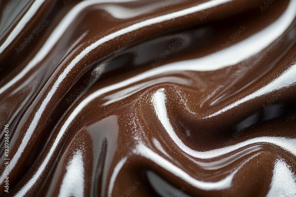 Close-up of smooth, rich, melted milk chocolate forming glossy, tempting swirls Close-up of smooth, rich, melted milk chocolate forming glossy, tempting swirls