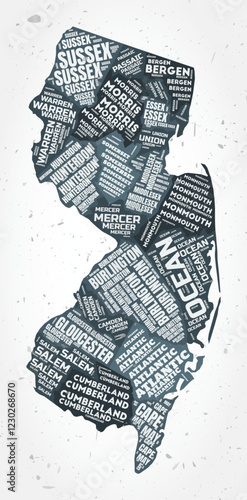 New Jersey counties word clouds. State shape on textured background. New Jersey design in typographic style. Creative vector illustration.