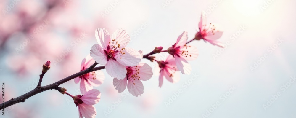 Soft focus sakura branch on white background with gentle dew, natural, fog, dew Soft focus sakura branch on white background with gentle dew, natural, fog, dew