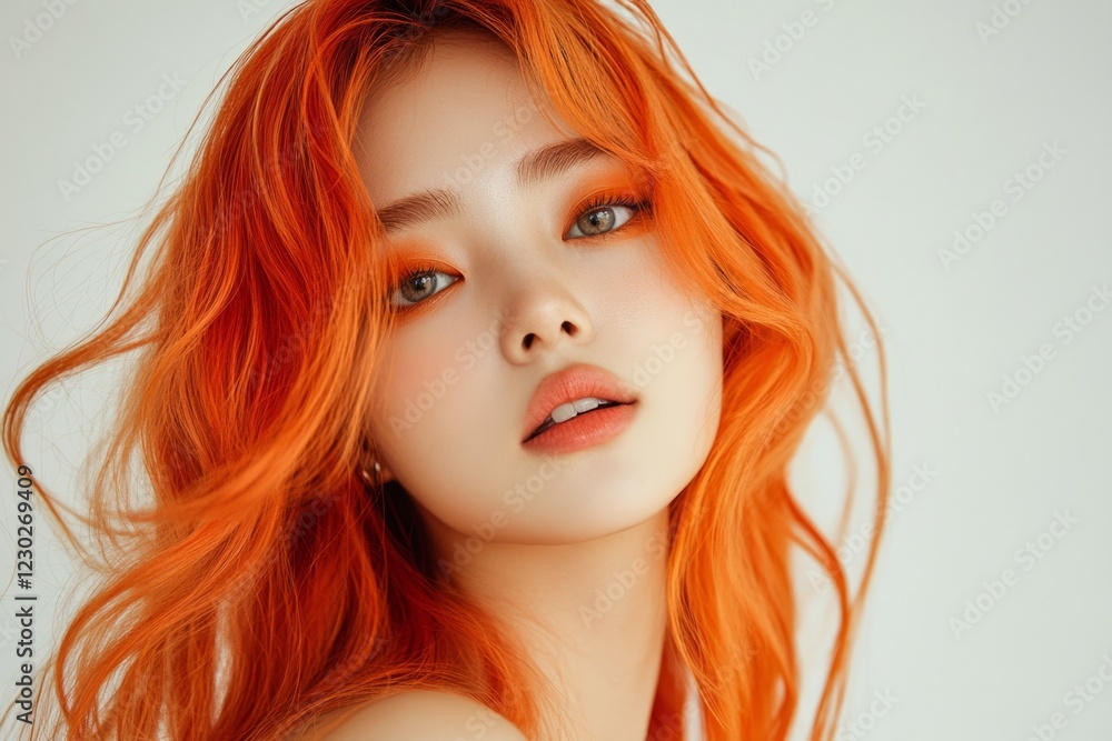 Studio portrait of a young woman with vibrant orange hair and matching makeup, showcasing a bold and stylish look Studio portrait of a young woman with vibrant orange hair and matching makeup, showcasing a bold and stylish look