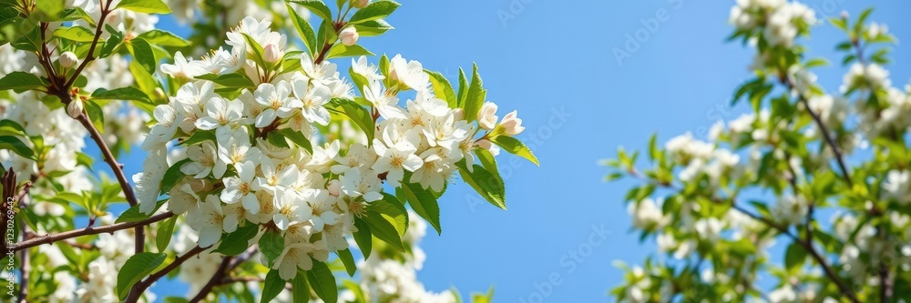 Softly blooming apple blossoms on a lush green tree against a clear blue sky with gentle spring sunbeams filtering through the leaves, sunny day, blooming trees Softly blooming apple blossoms on a lush green tree against a clear blue sky with gentle spring sunbeams filtering through the leaves, sunny day, blooming trees