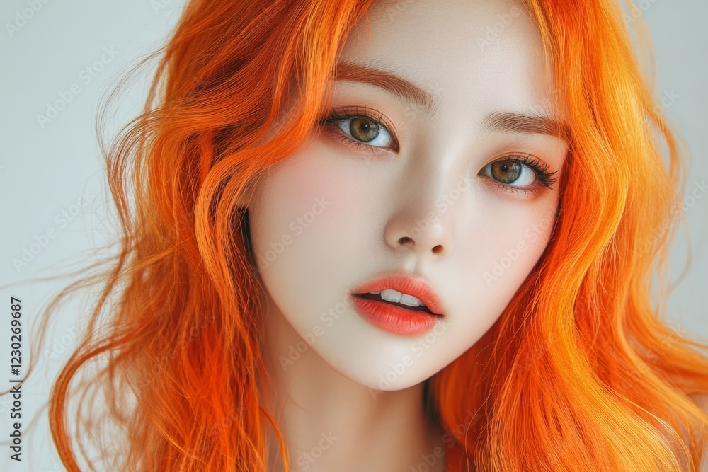 Close-up portrait of a young woman with vibrant, wavy orange hair, showcasing a modern and stylish hair color trend Close-up portrait of a young woman with vibrant, wavy orange hair, showcasing a modern and stylish hair color trend