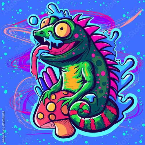 Acid trippy iguana with insane eyes surrounded by slime and sitting on a mushroom. Psychedelic neon lizard clipart with liquid.