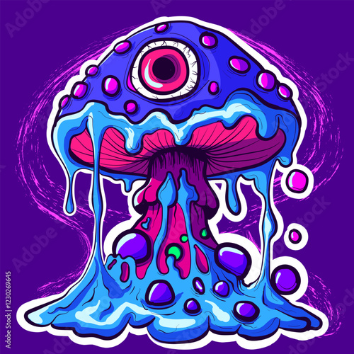 Acid trippy psychedelic mushroom with an eye, surrounded by slime. Clipart doodle of a neon mushroom with liquid.