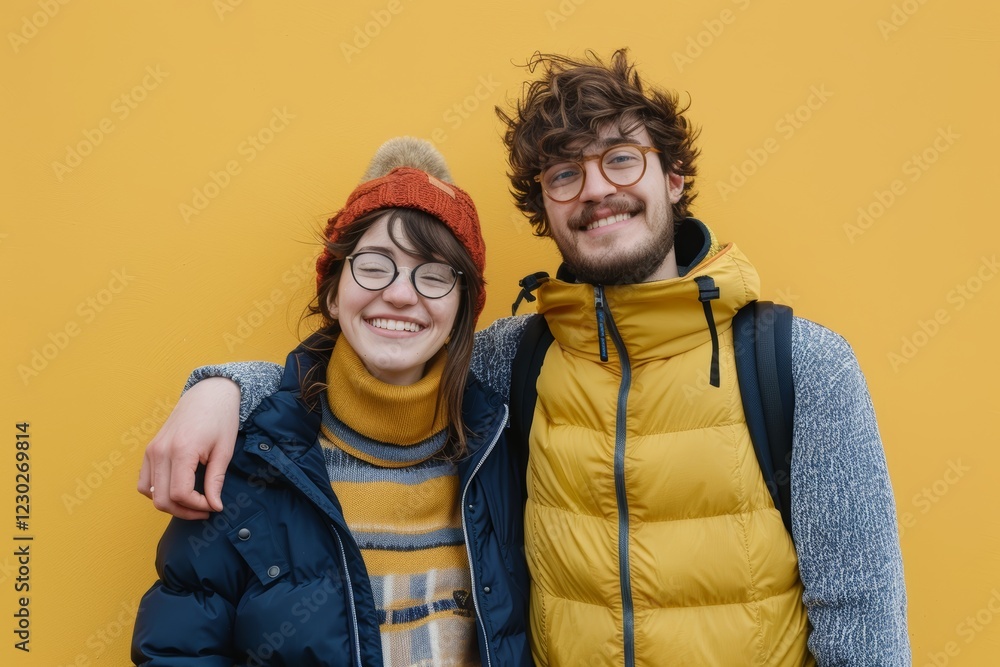 Obraz premium Portrait of a happy couple in their 20s dressed in a water-resistant gilet on pastel yellow background