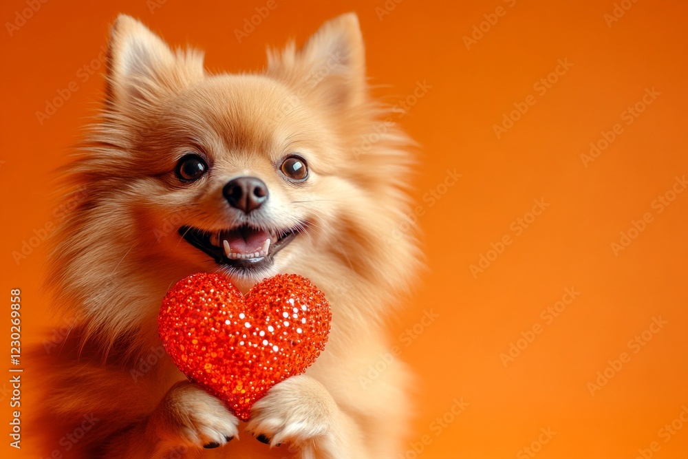 Obraz premium Promotion creative. Cute finnish spitz doggy with sparkling rhinestones red heart - emblem of love, funny greeting card. Finnish spitz - my treasured dog. Red heart romantic pet ideas.