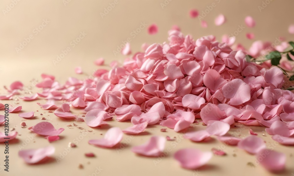 Fototapeta premium Soft pink rose petals scattered on a warm beige background , subtle, abstract background