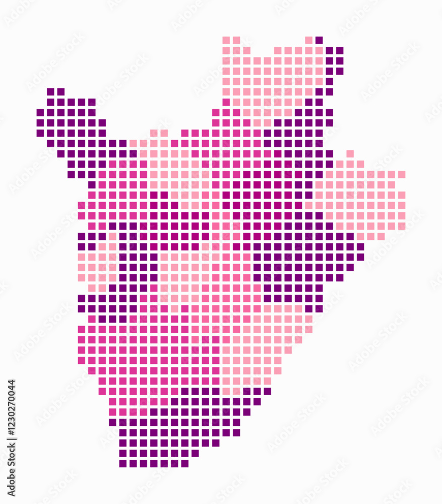Fototapeta premium Burundi dotted map. Digital style map of the country on white background. Burundi shape with square dots. Colored dots style. Large size squares. Modern vector illustration.