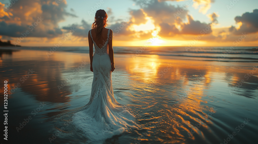 Fototapeta premium Bride walking along serene beach at sunset with vibrant colors reflecting on water
