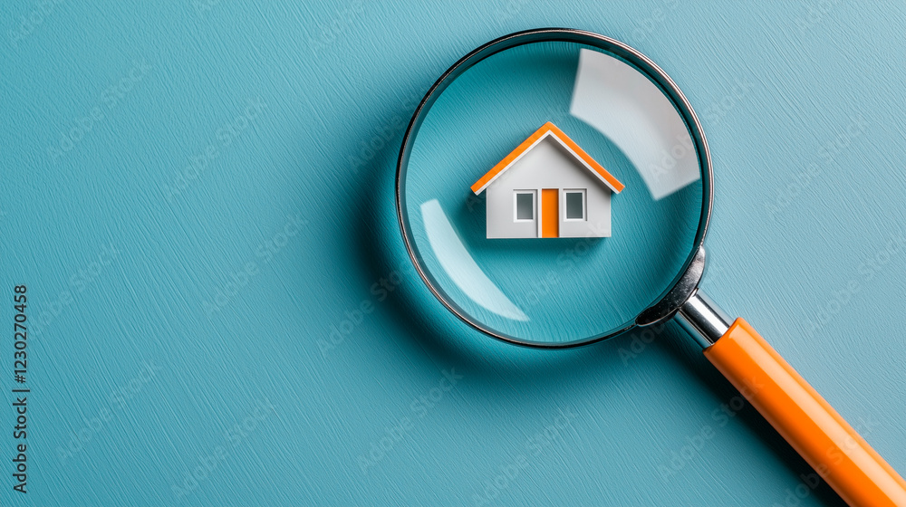 Magnifying Glass and Miniature House Model on Blue Background Magnifying Glass and Miniature House Model on Blue Background