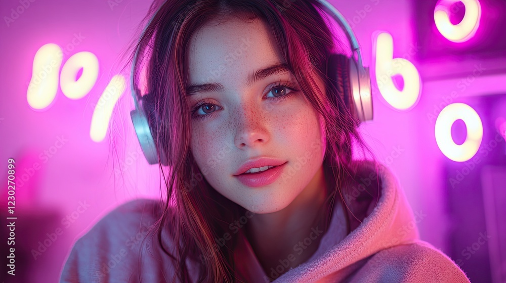 A young woman with freckles looks directly at the camera with a smile while wearing headphones. She is in a pink hoodie and against a bright pink and blue background. A young woman with freckles looks directly at the camera with a smile while wearing headphones. She is in a pink hoodie and against a bright pink and blue background.