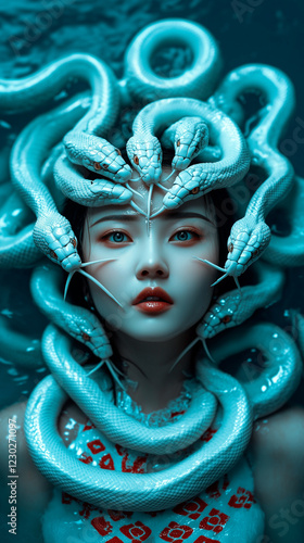 Portrait of a Woman Surrounded by Teal Snakes