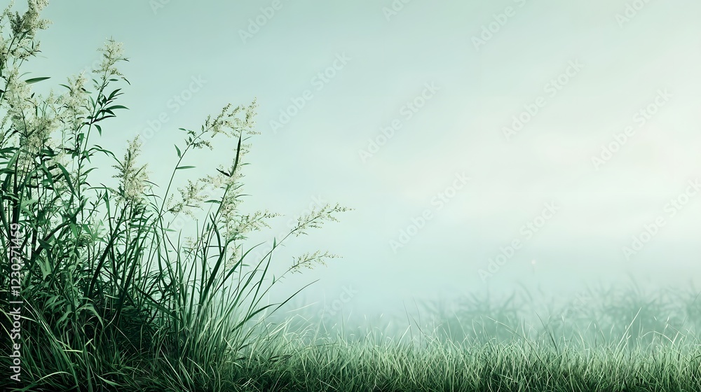 Misty Morning Meadow A tranquil and serene natural landscape at sunrise with lush green grass soft hazy atmosphere and a calming ethereal ambiance The dewy foliage and minimal Misty Morning Meadow A tranquil and serene natural landscape at sunrise with lush green grass soft hazy atmosphere and a calming ethereal ambiance The dewy foliage and minimal