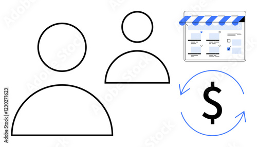 Two simplistic human figures, a webpage element with a blue awning, and a circular arrow with a dollar sign. Ideal for business, e-commerce, marketing, financial transactions, digital services