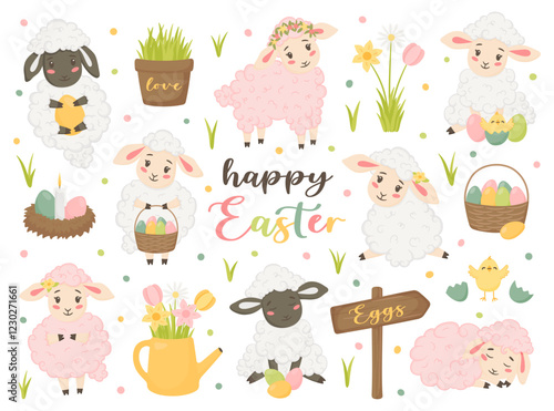 Cute Easter Lambs Collection with Spring Elements.