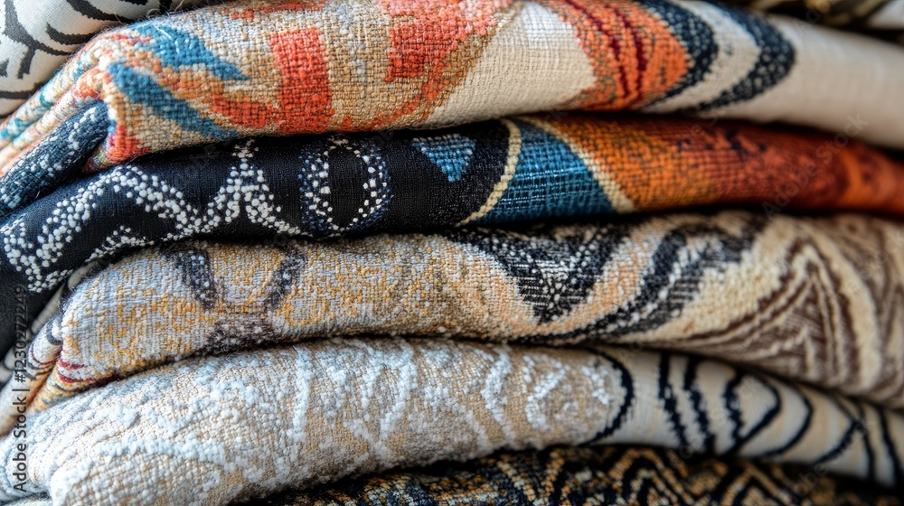 A close-up look at various fabric swatches stacked together, displaying a rich assortment of upholstery colors and textures for interior design A close-up look at various fabric swatches stacked together, displaying a rich assortment of upholstery colors and textures for interior design