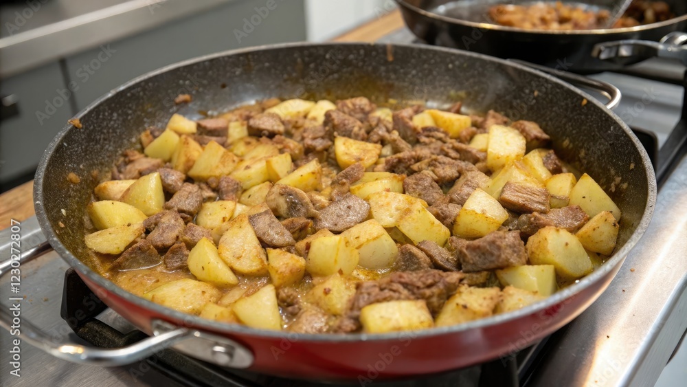 Pan-seared meat and potato casserole in a large frying pan, golden brown, kitchenware Pan-seared meat and potato casserole in a large frying pan, golden brown, kitchenware