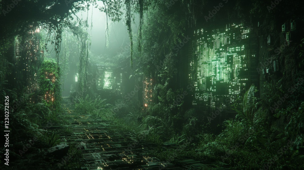 Fototapeta premium Luminous Path Through a Digital Jungle