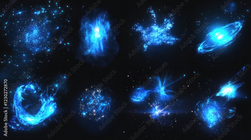 A collection of blue light flares and glowing effects on a black background, ideal for use as overlays or design elements in digital projects A collection of blue light flares and glowing effects on a black background, ideal for use as overlays or design elements in digital projects