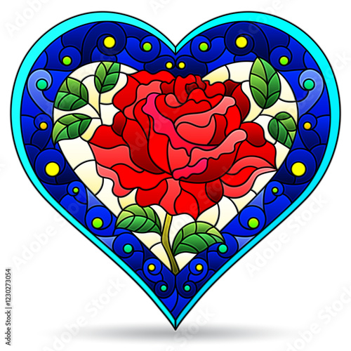 Stained glass illustration with heart, bright heart with flowers on white background