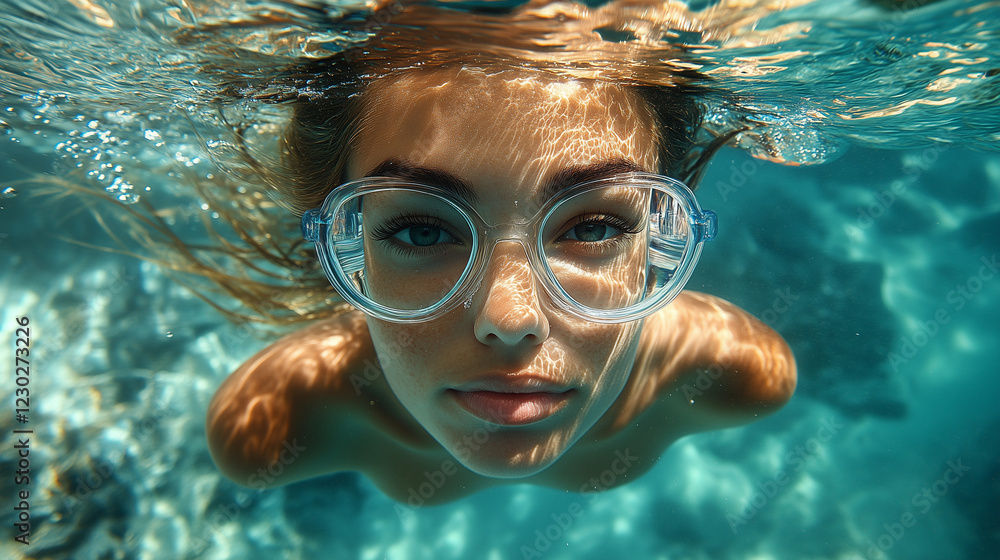 Naklejka premium Young swimmer practices underwater skills in a clear pool during a sunny day