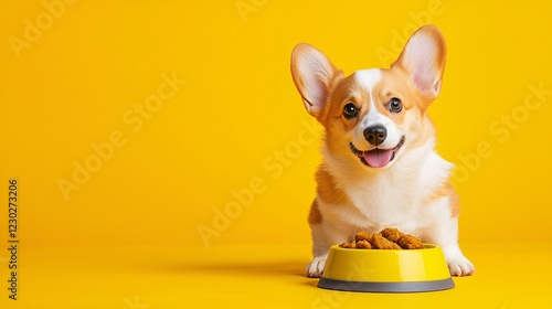 Happy Corgi Dog Sitting Next to Bowl of Dog Food on Yellow Background
