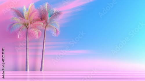 Fototapeta Naklejka Na Ścianę i Meble -  Two pastel palm trees with pink and blue tones, symbolizing love and travel. Aesthetic background for Valentine's Day, greeting cards, wallpapers, and tropical dreamscapes.