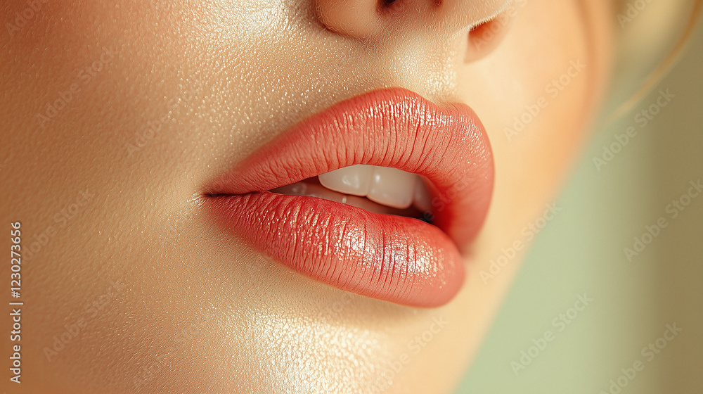 Naklejka premium Close-up of soft, beautifully shaped lips with a delicate coral hue, showcasing a glossy finish and health