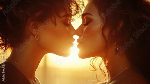 Two women sharing an intimate moment at sunset, highlighting love and connection in a soft glow of light