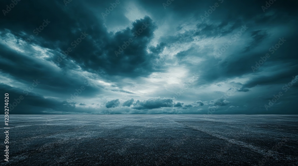 Fototapeta premium A dramatic nighttime horizon with a dark concrete floor, framed by an expansive sky filled with striking clouds, evoking a cinematic atmosphere