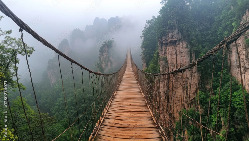 Fototapeta premium Misty Mountaintop Suspension Bridge