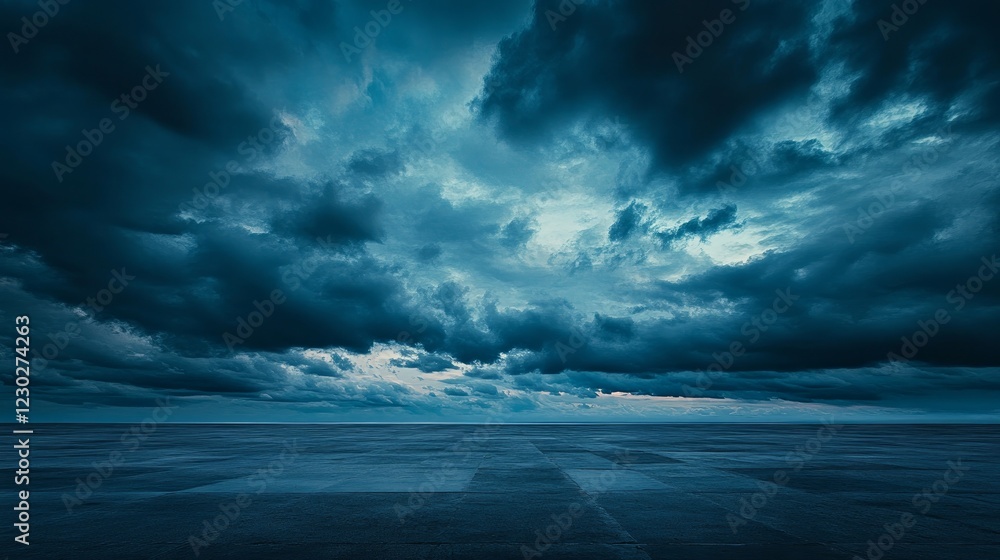 A dramatic nighttime horizon with a dark concrete floor, framed by an expansive sky filled with striking clouds, evoking a cinematic atmosphere A dramatic nighttime horizon with a dark concrete floor, framed by an expansive sky filled with striking clouds, evoking a cinematic atmosphere