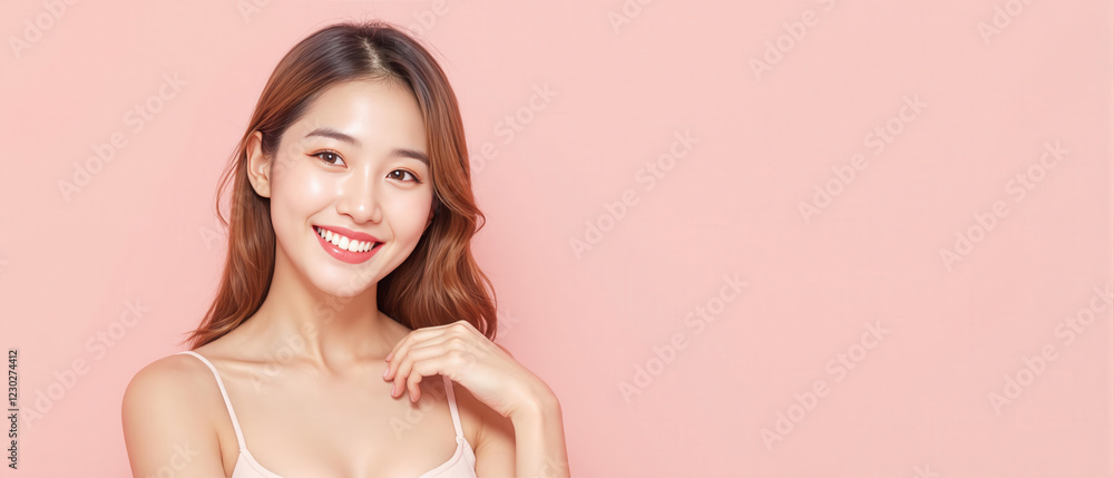 Fototapeta premium Smiling young woman with flawless skin posing against a pastel background, promoting beauty, skincare, and confidence.