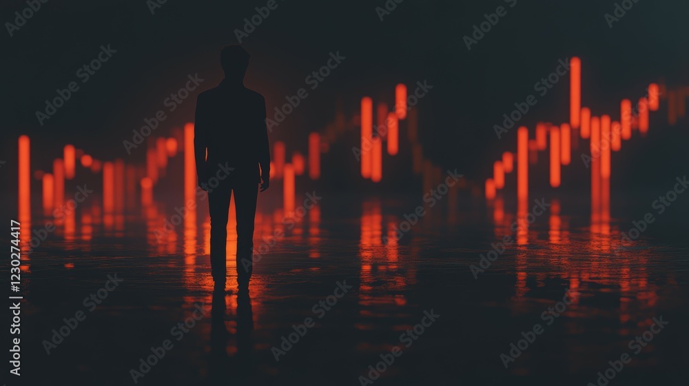Fototapeta premium Businessman Standing Before Financial Market Data with Glowing Red Graphs and Reflections in a Dark Environment