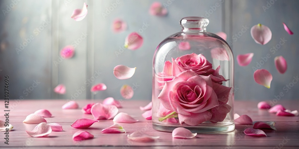 Pink rose petals slowly dripping from a glass container, delicate, antique, living room, sophisticated Pink rose petals slowly dripping from a glass container, delicate, antique, living room, sophisticated