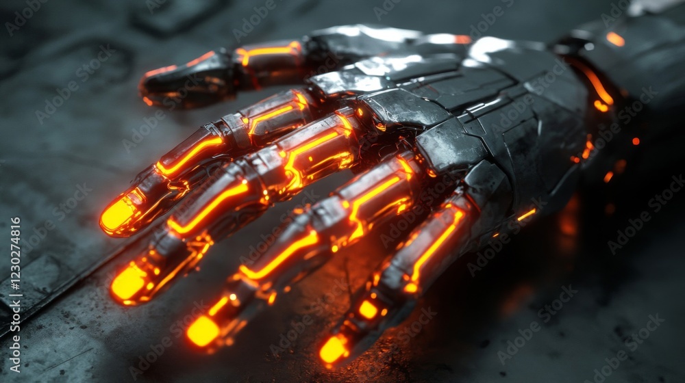 Glowing Robotic Hand in Dark Cyberpunk Setting Glowing Robotic Hand in Dark Cyberpunk Setting
