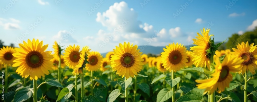 A field of tall sunflower stalks stretching towards the sky, sunflowers, open space, landscape A field of tall sunflower stalks stretching towards the sky, sunflowers, open space, landscape