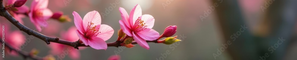 Fototapeta premium A pink flower blooms in the crook of a tree's branch, isolated, blooming flowers, tree branch