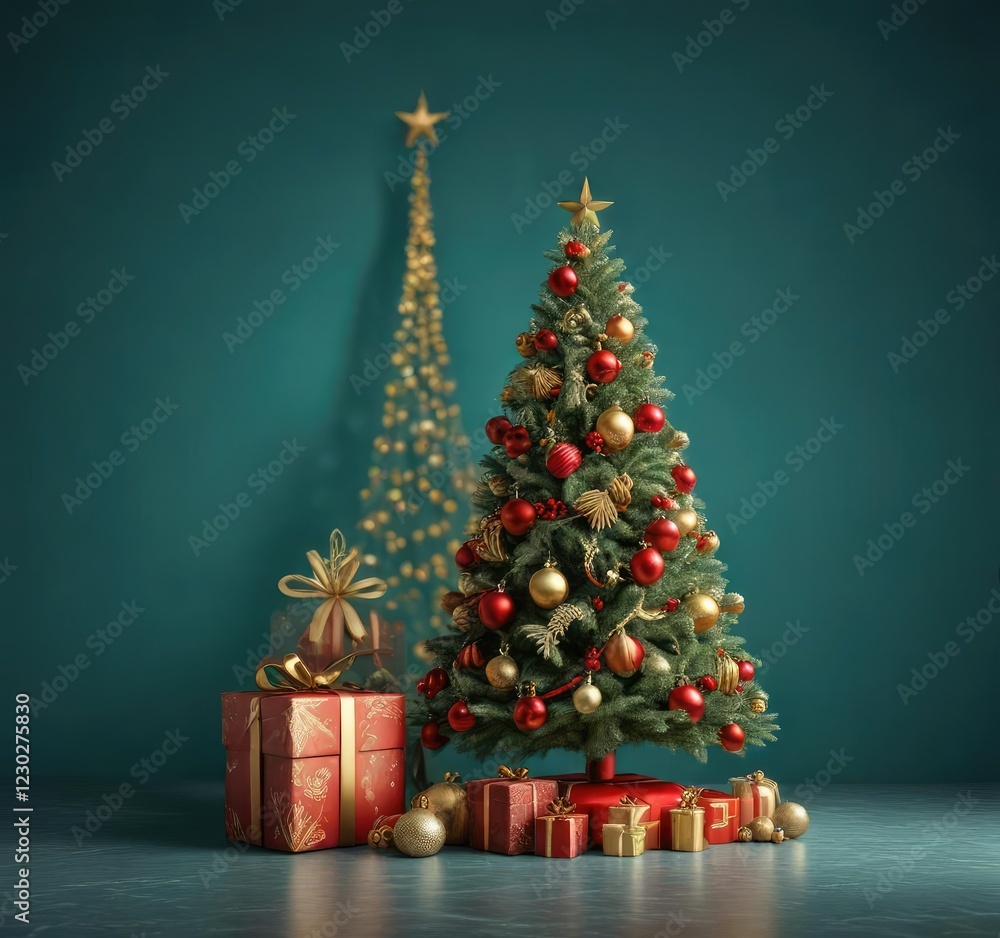 Red and gold decorations on a teal background with a towering Christmas tree , garland, red, colorful decor Red and gold decorations on a teal background with a towering Christmas tree , garland, red, colorful decor